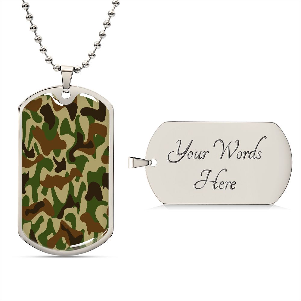 Camouflage Military Dog Tag Necklace. Camo front with custom engraving on the back.