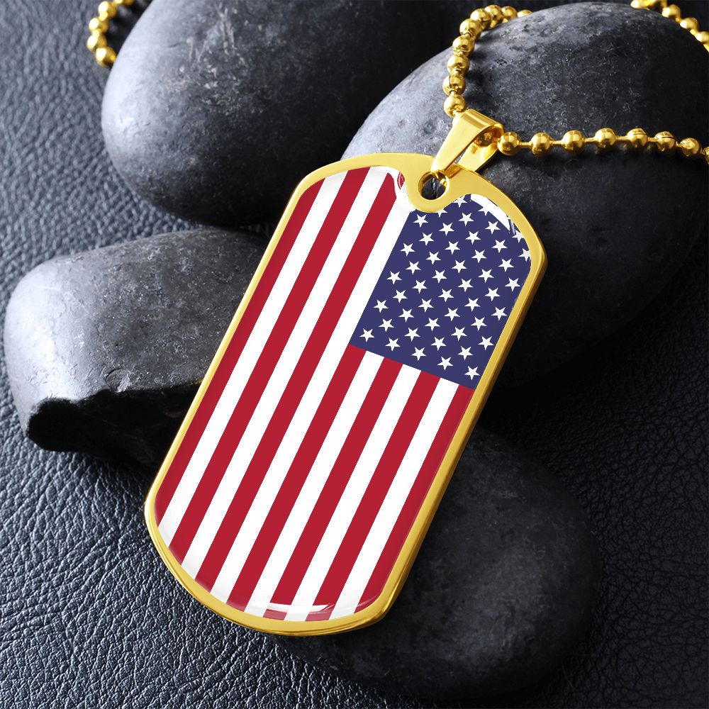 American Flag Military Style Dog Tag Necklace | Custom Engraving |50% OFF! 18K Gold FInish on Display