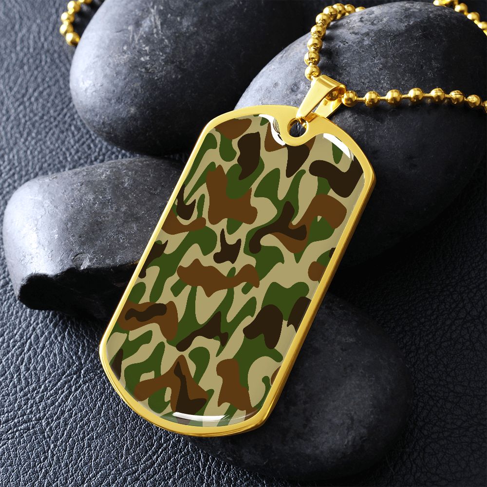 Camouflage Military Dog Tag Necklace. 18k gold finish on display.