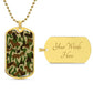 Camouflage Military Dog Tag Necklace. 18k gold finish with camp from and engraving back.
