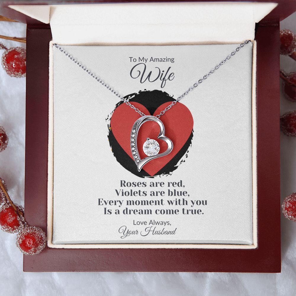 To My Wife Heart Necklace with Valentine's Day Poem in wooden box 18k white gold finish
