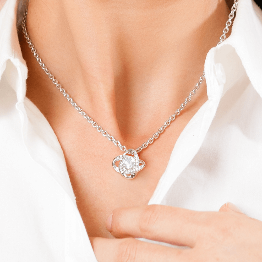 Gift Necklace To Mom: I Love You To The Moon and Back lady wearing the white gold