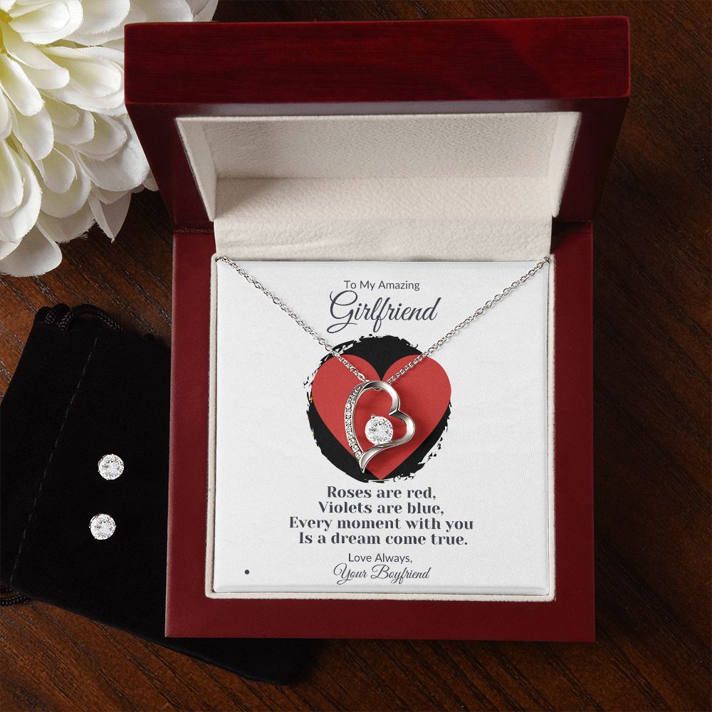 To My Girlfriend Love Necklace and Cubic Zirconia Earring Set with a Valentine's Day Poem